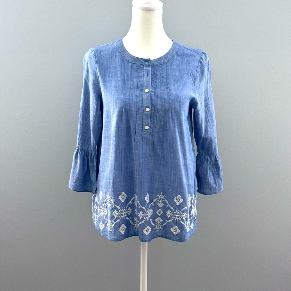LOFT Blue Embroidered Blouse with Mandarin Collar XSP